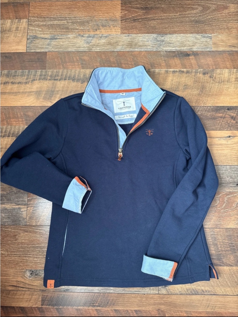 Lighthouse Shore Sweatshirt Navy Quarter-Zip Sweater with chambray Trim